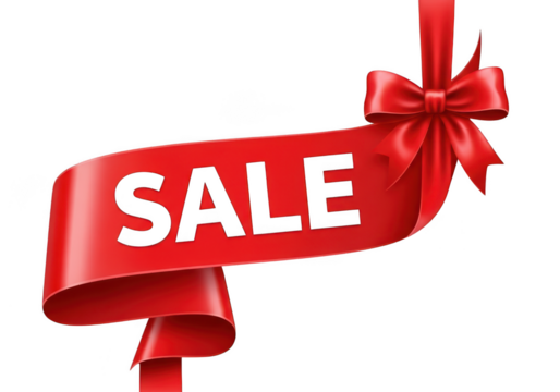 Sale banner with red ribbon and bow on black background