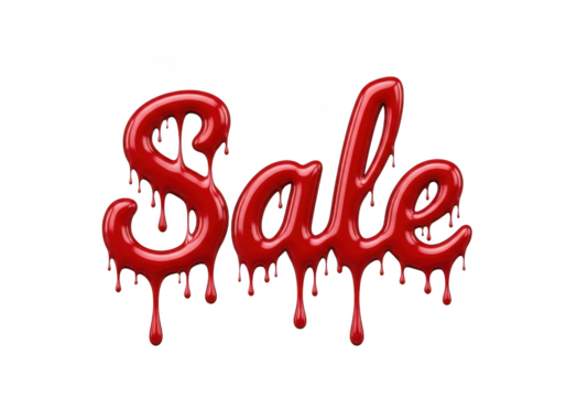 Shiny red 'sale' text with dripping liquid effect for promotions and discounts isolated on transparent background