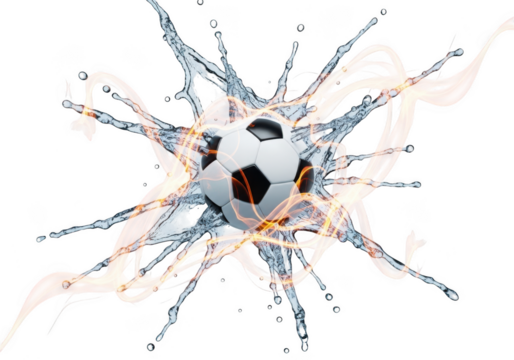 Soccer ball surrounded by splashes of water and energy beams