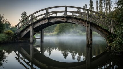 Fototapeta premium A wooden arched bridge spans a calm body of water reflecting the bridge and misty trees