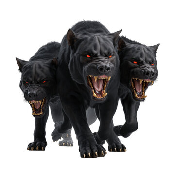 Three headed black dog with glowing red eyes isolated on a transparent background 1