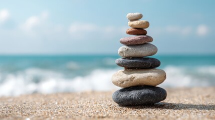 Fototapeta premium Rocks are carefully balanced to form a tower on a sandy beach. The ocean waves roll gently in the background under a clear blue sky on a bright day.
