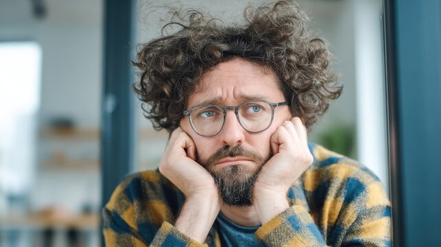 A man with curly hair and glasses sits indoors looking thoughtful. He rests his chin on his hands appearing contemplative in a cozy modern space. - Powered by Adobe