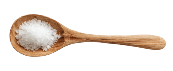 A wooden spoon filled with coarse sea salt crystals against a black background