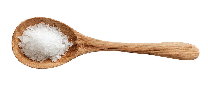 A wooden spoon filled with coarse sea salt crystals against a black background