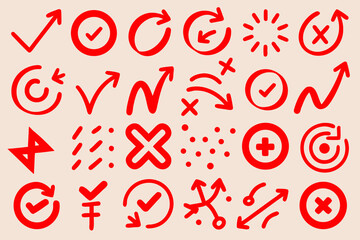 sheet filled red hand sketched symbol set  