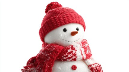 A bright snowman is dressed in a red knitted hat and a matching scarf. Its round body is adorned with black buttons and a friendly smile showcasing the joy of winter.