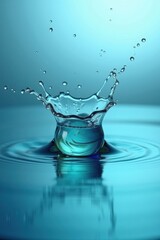 Dynamic water splash crown formation ripples on blue surface