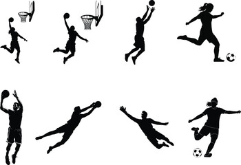 Silhouettes of female athletes playing basketball soccer and handball