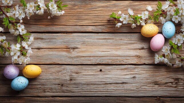 Easter eggs in various pastel colors are placed on a rustic wooden surface surrounded by delicate white flowers celebrating the arrival of spring and festive traditions.