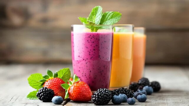 Healthy fruit smoothies with berries and mint on rustic wood table refreshing drinks detox beverage vitamin rich