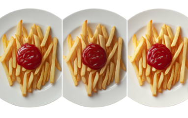 Three plates of golden french fries with ketchup swirls