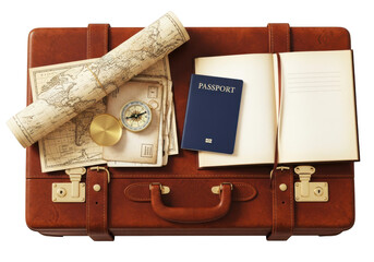 Vintage suitcase with travel map passport compass and notebook ready adventure