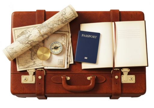 Vintage suitcase with travel map passport compass and notebook ready adventure