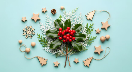 Charming Christmas flatlay featuring holly berries, wooden stars, and delicate snowflake ornaments arranged on a soft, invites festive spirit, perfect for holiday promotions and seasonal greetings