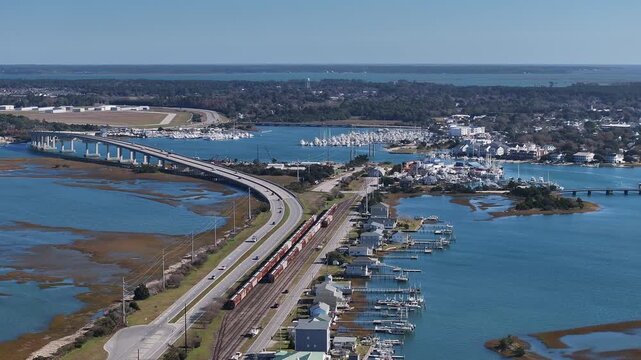 Drone shot of Beaufort North Carolina and waterways, aerial footage