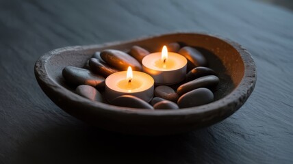 Two glowing tealight candles, smooth spa stones, rustic bowl. zen
