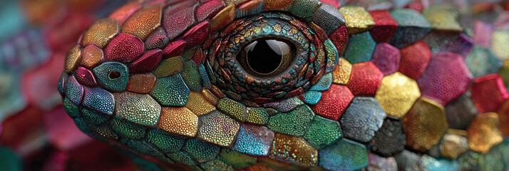 Close-up macro shot of a chameleon's eye showcasing its vibrant, multi-colored scales, emphasizing detail and texture