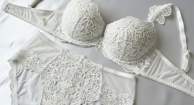 Elegant white lingerie set lace bra and panties on a surface