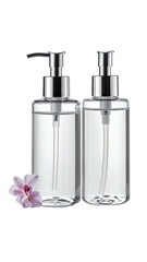 Two clear pump bottles with a small purple flower