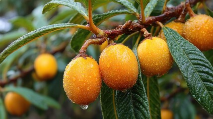 Fresh loquat fruits are seen hanging on a branch with water droplets glistening on their surfaces. The vibrant orange color contrasts beautifully with green leaves.