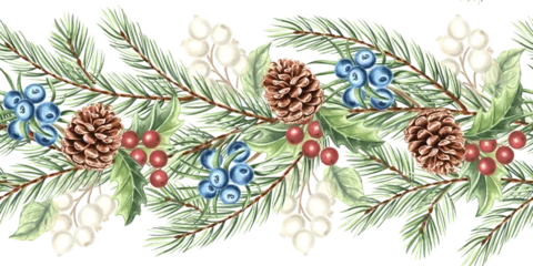 Gardinen Dschungel Watercolor spruce cones, juniper and holly leaves with berries seamless border for Christmas design. Hand-drawn illustration tradition plants for winter holiday decor. Natural background for textile.   © susie_p_art