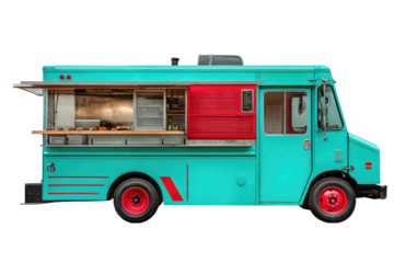 Teal food truck with red accents, open serving window