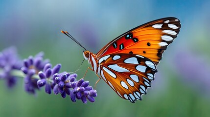 A close-up macro photograph of a vibrant orange butterfly with intricate patterns on its wings, perched on a purple lavender flower. The background is softly bl