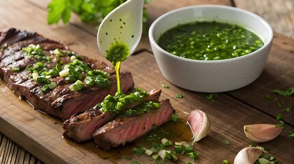 Gourmet Steak Delight: Tender, grilled steak, artistically presented on a rustic wooden board, lavishly drizzled with vibrant chimichurri sauce, a true feast for the senses.