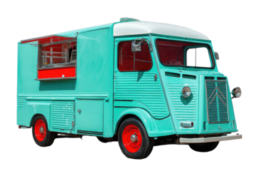 Vintage turquoise food truck with red accents, open service window