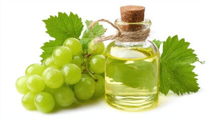 A small bottle filled with golden grape seed oil sits next to a bunch of fresh green grapes and vibrant green leaves. The setup highlights natural ingredients and wellness.