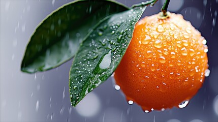 A close-up shot focuses on a ripe orange fruit and two green leaves, all covered in glistening water droplets. The background is softly blurred, with visible ra