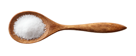 Wooden spoon filled with coarse white granular crystals against black background