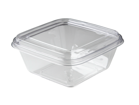 Clear square plastic container with lid, ideal for food storage and takeout