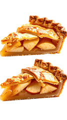 Two apple pie slices show crust & filling detail