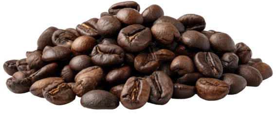 A pile of dark roasted coffee beans on a transparent background