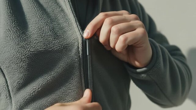 Hands zipping a gray fleece jacket