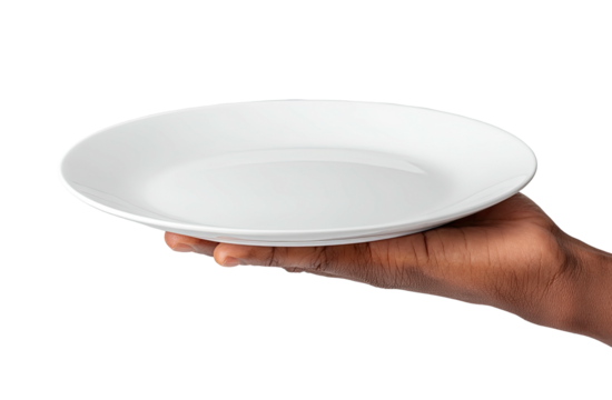 Hand holding a clean, empty white dinner plate against black