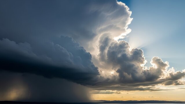 Cumulonimbus clouds hover over land one side dark with rain and the suns rays peaking through on the other side