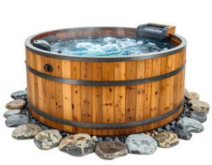 Wooden hot tub filled with bubbling water