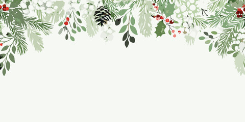 Elegant winter foliage border with berries and pinecone decoration