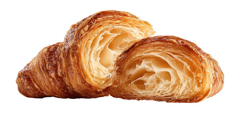 Flaky, golden-brown pastry, split to reveal a light, airy interior