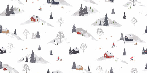 Winter landscape seamless pattern with houses trees and skiers