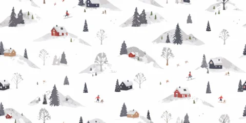 Keuken achterwand Landschap patronen Winter landscape seamless pattern with houses trees and skiers  © Bijon