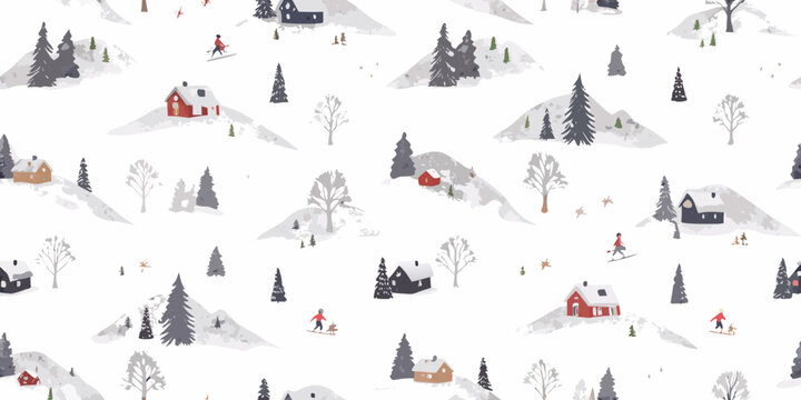 Fototapeta Winter landscape seamless pattern with houses trees and skiers