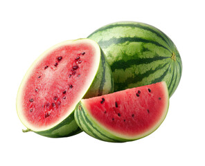 Fresh watermelon halves and slice on black background