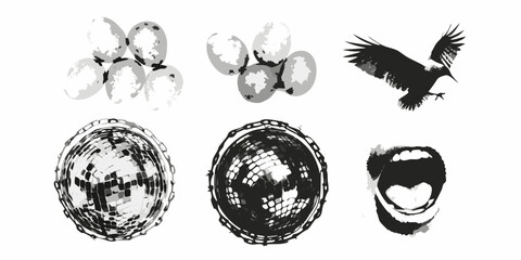 Monochrome collage of abstract elements balloons bird disco balls and mouth
