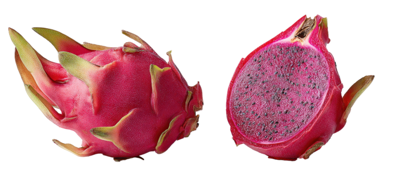 A whole and a half pink dragon fruit on a black background