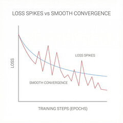 Naklejka premium Loss spikes versus smooth convergence graph in machine learning training 