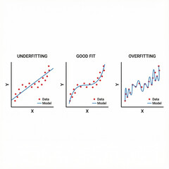 Data fitting graph illustrations showing underfitting, good fit, and overfitting  